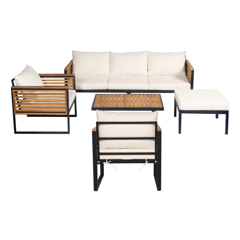 Outdoor Sectional Sofa Set with Ottoman and Coffee Table, L-shape Recliner Couch with Chaise Lounge, Acacia Wood Sofa Set