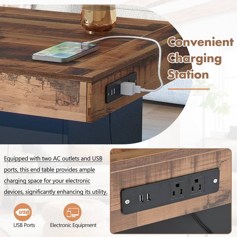 Farmhouse Coffee Table with 2 USB Ports and Outlets, Brown Spliced Wood Grain Center Table with LED Light