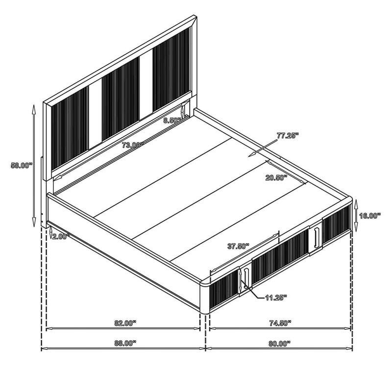 Reon King Platform Bed w 2 Storage Drawers, Reeded Ash Brown Black