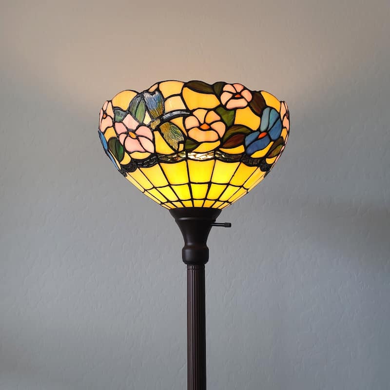 Green Glass Tiffany Floor Lamp with Brown Metal Base and Rotary Socket Switch - 14” x 14” x 70” (D x W x H)