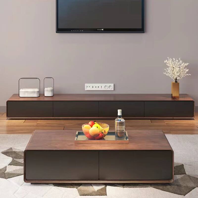Rectangular TV Stand, Wood Veneer Media Console with 4 Drawers - 78.84" - Dark Wood & Black
