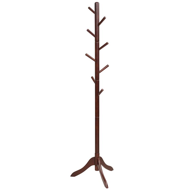 Wooden Coat Rack Stand Hall Tree 2 Adjustable Height w/ 8 Hooks - Brown