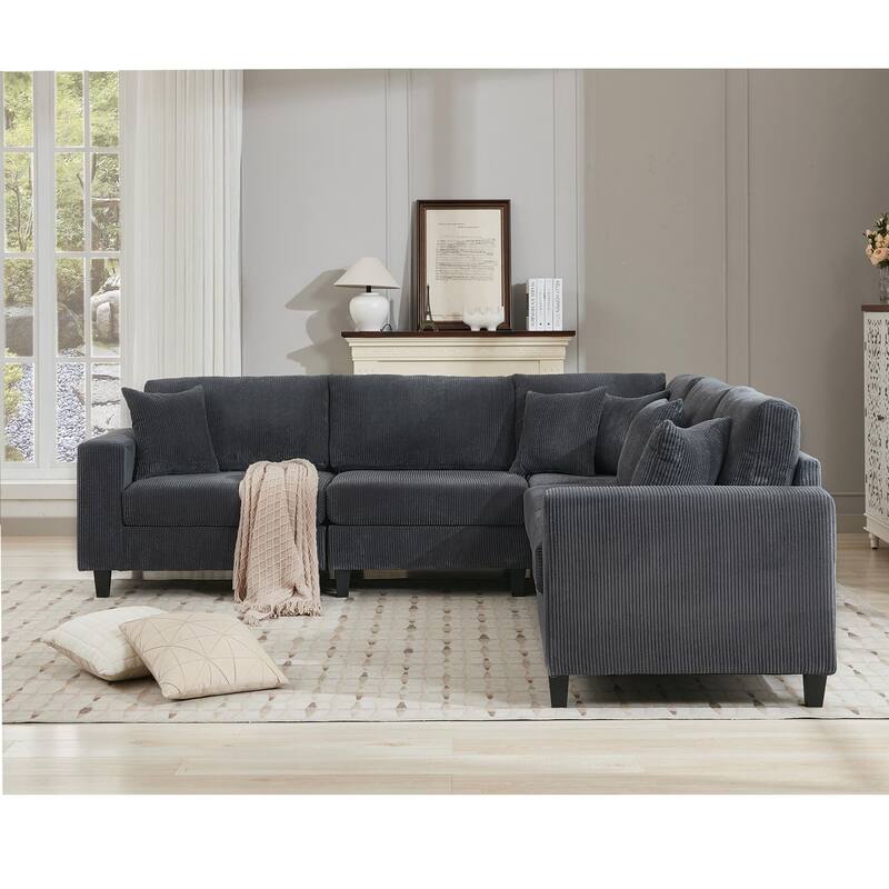Oversized Modular Sectional Sofa Set, L Shaped, Corduroy Upholstered, 5 Seat, Gray
