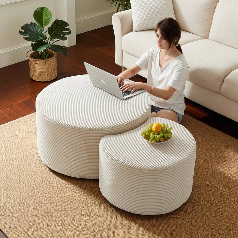 Set of 2 Round Nesting Coffee Tables, Upholstered Corduroy Ottoman Accent Tables, Modern Foam Design, No Assembly