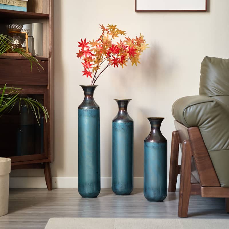 Floor Metal Vase Modern Style Droplet Shaped White Metal Vase 3-Piece Set Gorgeous Home Decoration Large Glazed Metal Vase - Aqua Blue