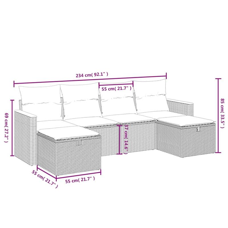 vidaXL Patio Sofa Set with Cushions Outdoor Furniture 6 Piece Poly Rattan