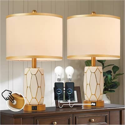 Nightstand lamp with fabric drum shade, bulb included