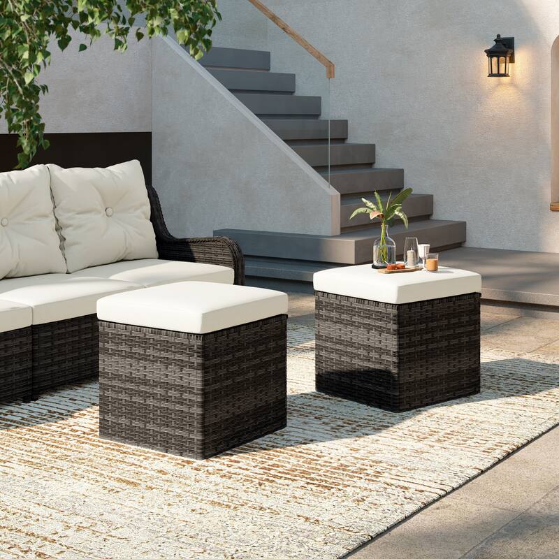 Outdoor Wicker Square Storage Ottoman with Plush Cushion(Set of 2)