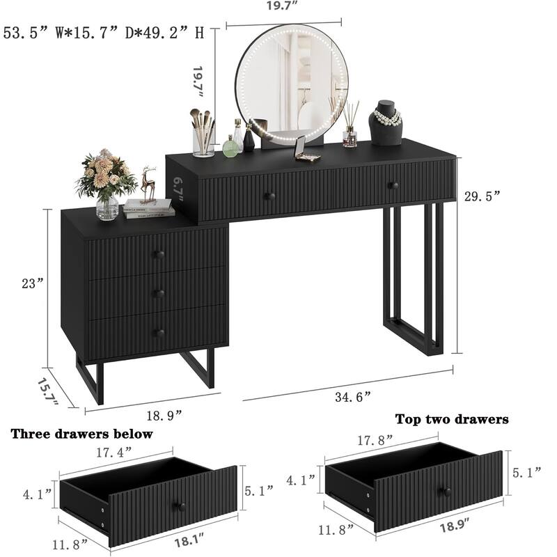 Vanity Desk with Mirror and Lights,Makeup Vanity with 5 Drawers, Modern Makeup Vanity Organizer with 3 Color Lights