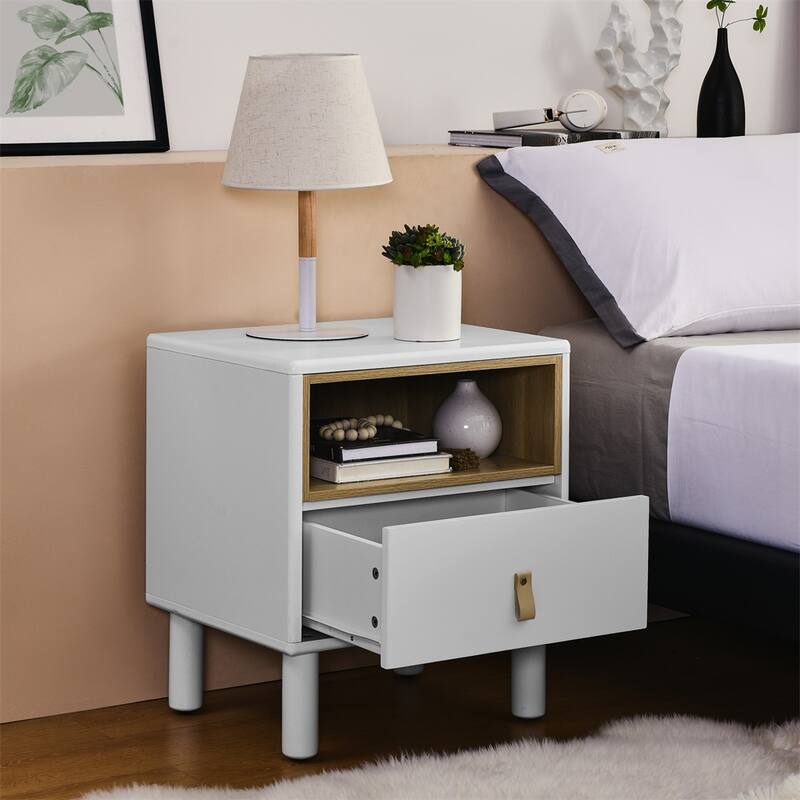 Modern Woode Bedside Table with Drawer and Legs - White