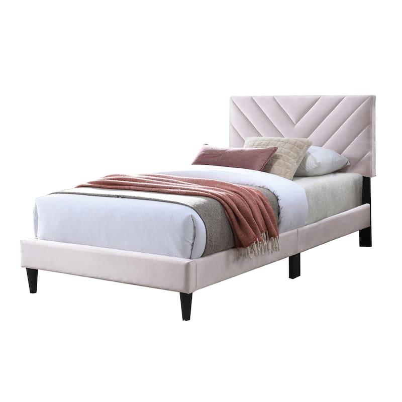 Velvet Upholstered Adjustable Headboard Full Bed with V-stitching Design - Light Pink