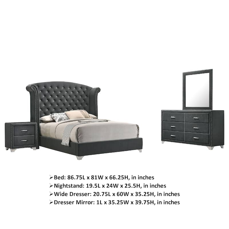 Giya 4pc Queen Bedroom Set, Classic Tufted Dark Gray Velvet Upholstery