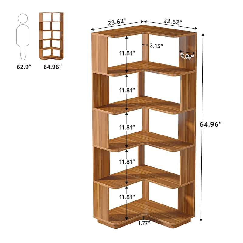 6-Tier Corner Book Shelf, 64.9"Tall Freestanding Wood Industrial Bookcase Bookshelf