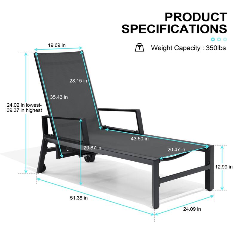 Outdoor Aluminum Adjustable Back Chaise Lounges with Wheels
