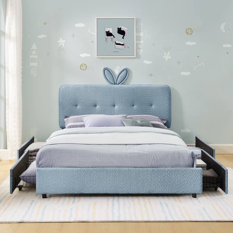 Kids Boucle Upholstered Bed with Rabbit Ear Headboard, LED Music Sync & 4 Drawers - Blue - Full