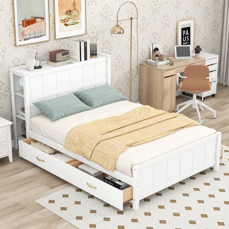 Merax Full Size Platform Bed with Drawers and Storage Shelves - White
