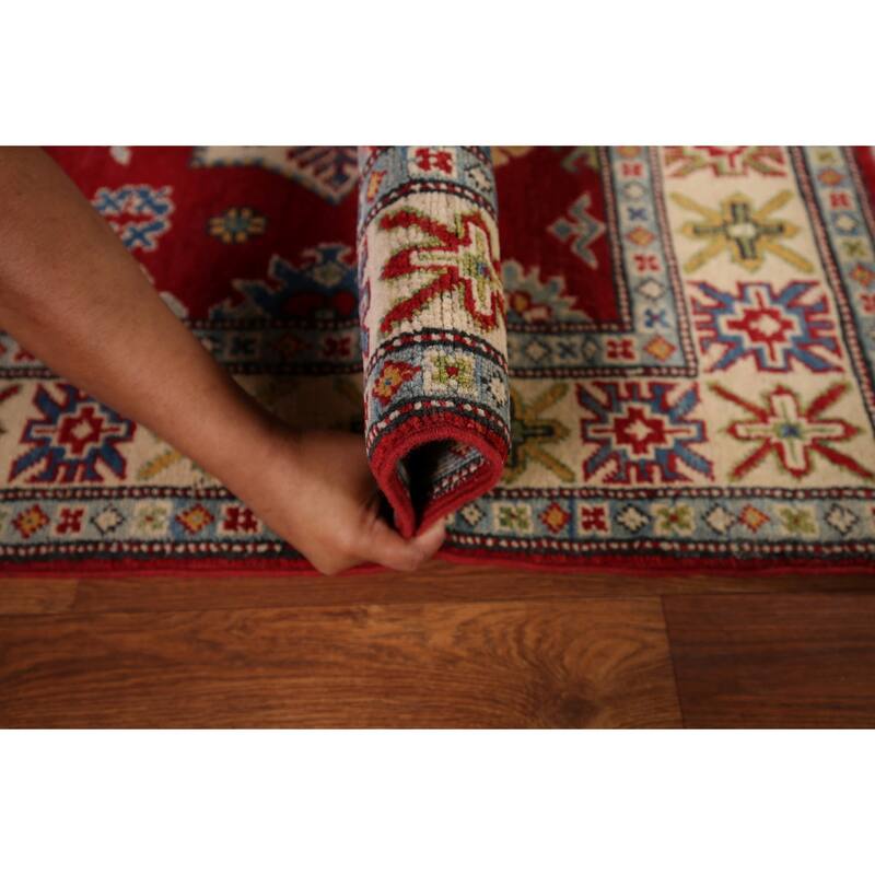 Red Geometric Kazak Accent Rug Handmade Traditional Wool Carpet - 3'5" x 5'0"