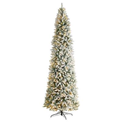 10' Slim Flocked Montreal Fir Artificial Christmas Tree with 800 Warm White LED Lights and 2420 Bendable Branches