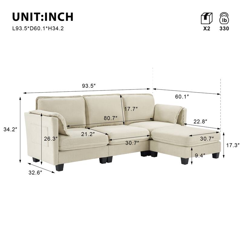 93" L-Shaped Modular Sofa, 3 Seater Sectional Couch with Storage Armrest Cushion and Ottoman for Living Room