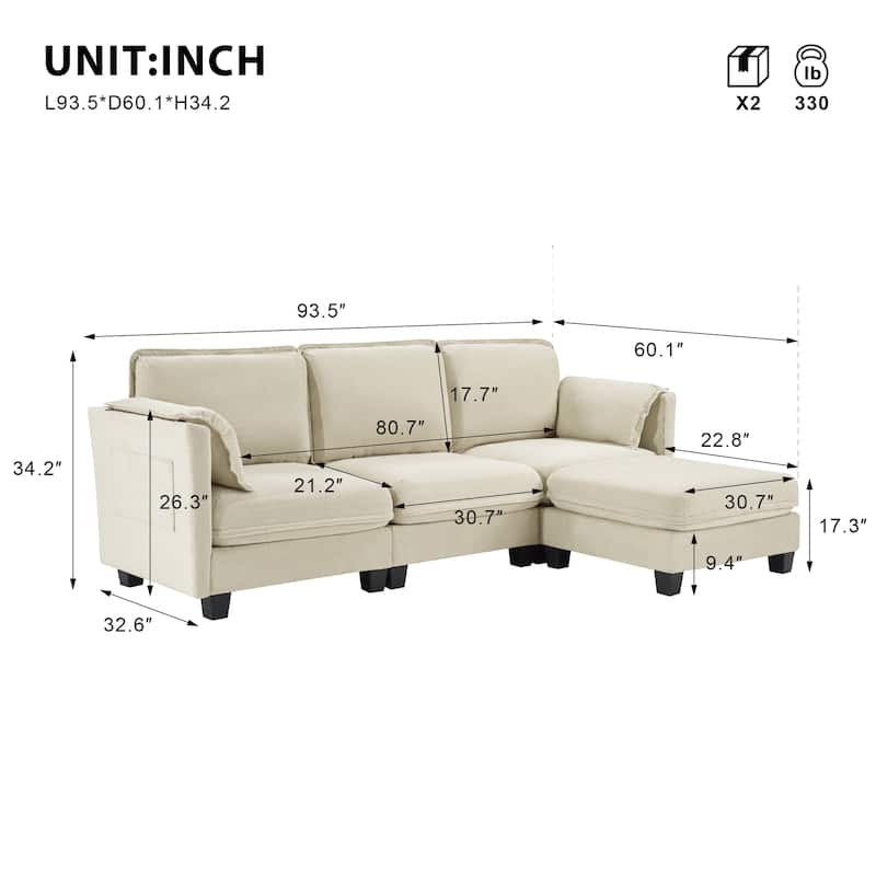 93-Inch L-Shaped Sofa with Cotton-Linen Fabric, 3-Seater Sectional with Detachable Storage Armrest Cushion