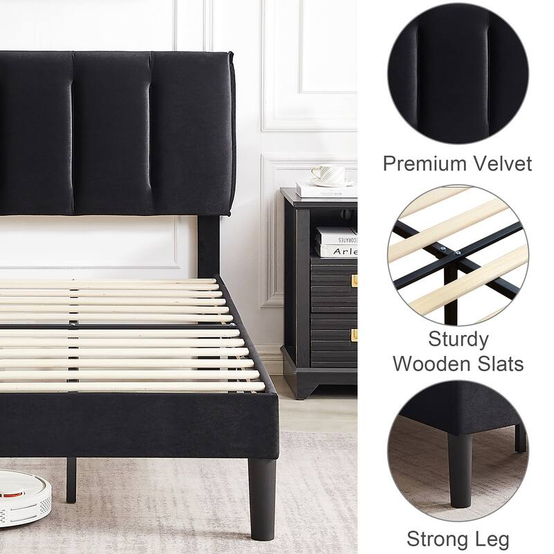 Upholstered Velvet Upholstered Bed Frame with Adjustable Height Headboard No Box Spring Needed Platform Bed Under Bed Storage