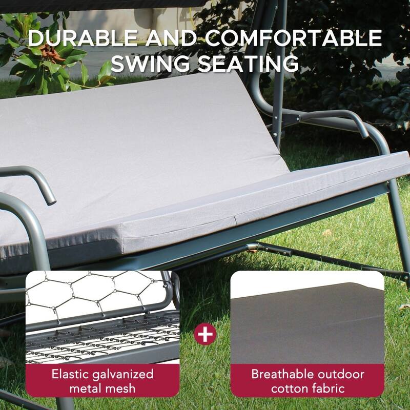 Sunjoy Luxury 4-Seat Steel Convertible Swing-Bed Mesh Seats Adj Canopy Made in Italy