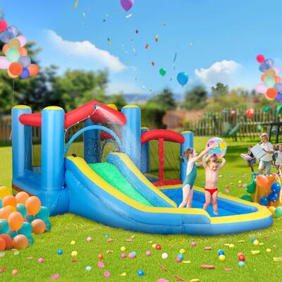 5 in 1 Inflatable Water Park for Kids with Slide Splash Pools Trampoline Basketball Hoop Durable Oxford Fabric