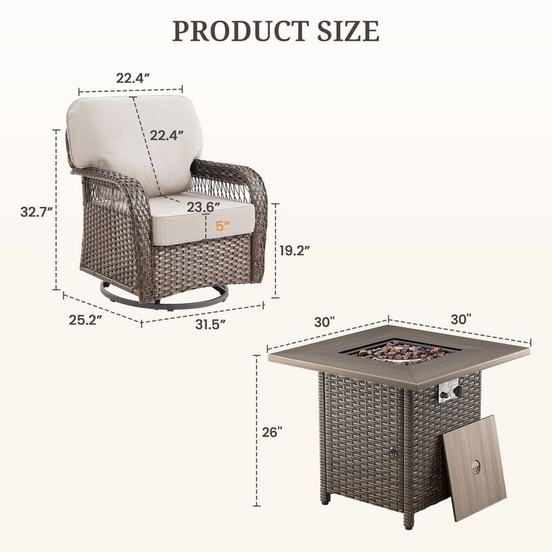 Pocassy Outdoor Sofa Ottoman Swivel Chair Table with Fire Table Funiture Set.