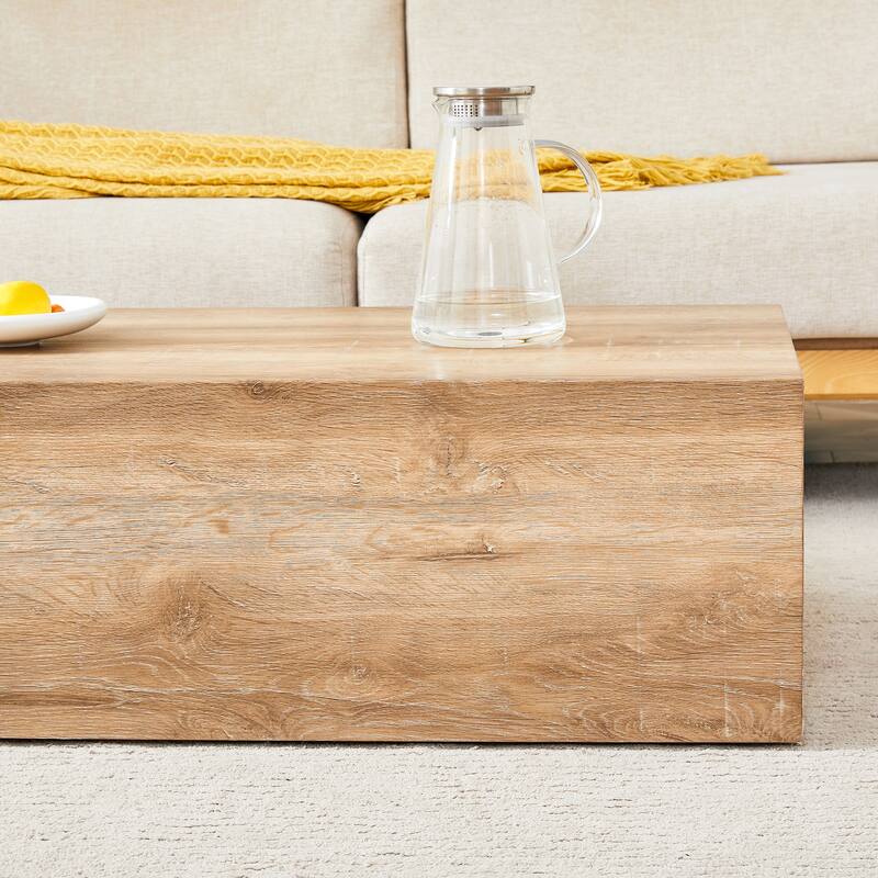 Modern Rectangular Coffee Table with Solid Base, Wooden Center Table with Imitation Marble Texture for Living Room