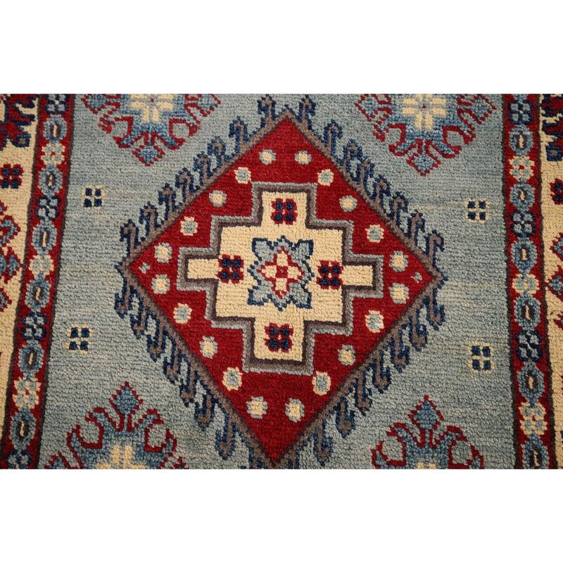 Light Blue Geometric Kazak Accent Rug Hand-Knotted Wool Carpet - 2'7" x 4'3"