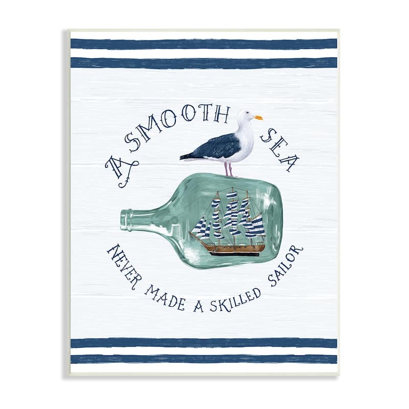 Stupell Industries Nautical Beach Saying Seagull Grainy Stripes Pattern Wood Wall Art, Design by