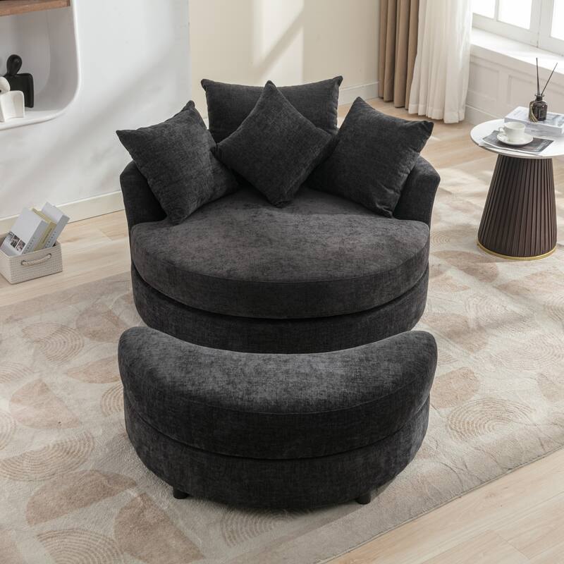 Roomfitters Modern 360° Swivel Barrel Chair with Hidden Storage Ottoman, Chenille Upholstery and Four Pillows