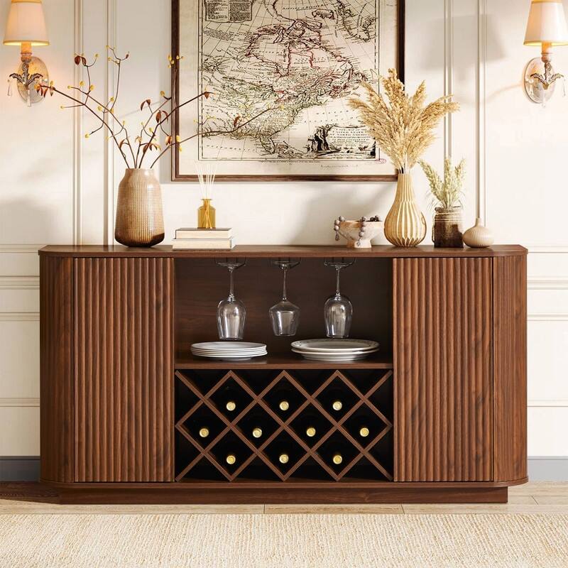 Modern 58" Fluted Curved Sideboard Multifunctional Storage Cabinet with Wine Rack and Adjustable Shelves - Walnut