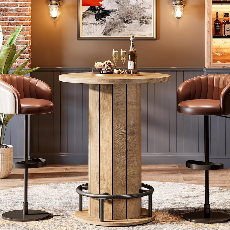 39.4 Inches Brown Wood Bar Table, Round Bistro Pub Table with Metal Ring Footrest - Light Brown