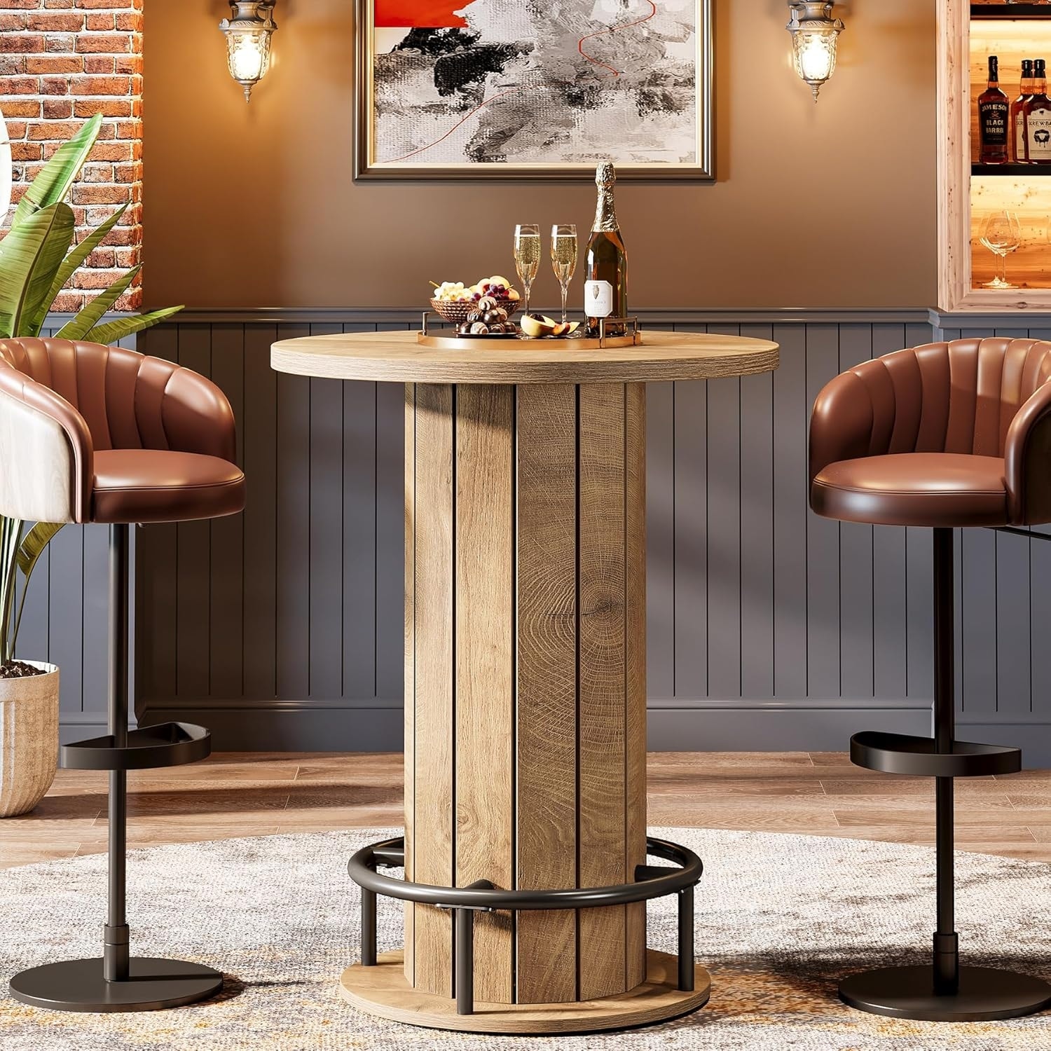 Round Bar Table, Wood Bistro Pub Table with Metal Ring Footrest