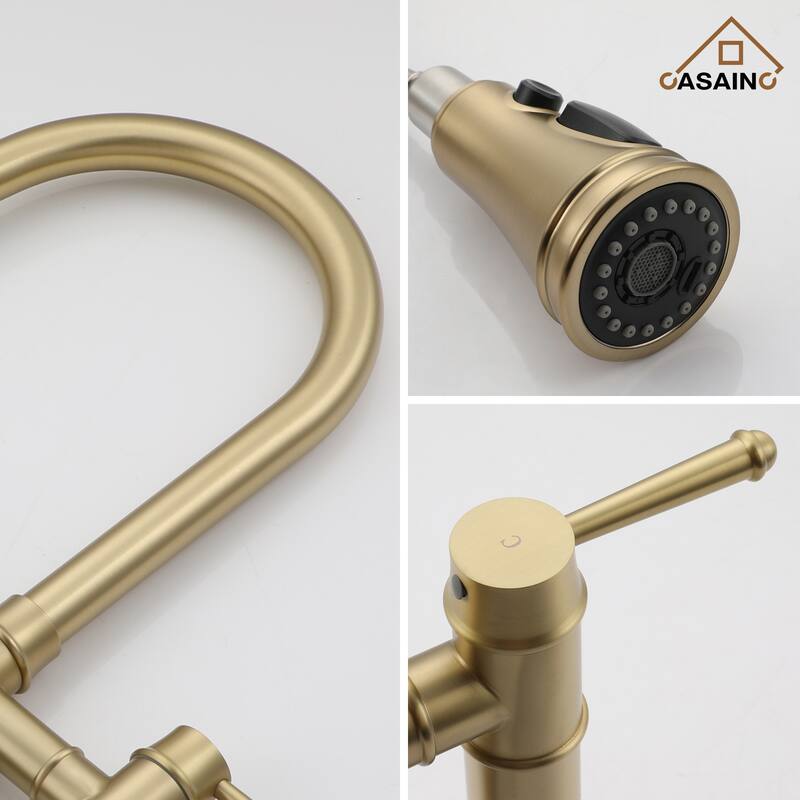 Double Handle Bridge Kitchen Faucet with 3-Function Pull-Down Spray Head