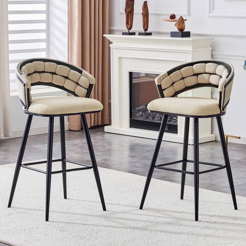 Set of 2 Beige Velvet Bar Stools with Black Iron Legs, Modern Kitchen Island Stools