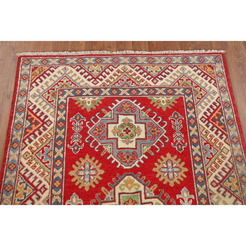 Geometric Red Kazak Oriental Accent Rug Handmade Wool Carpet - 3'4" x 5'1"
