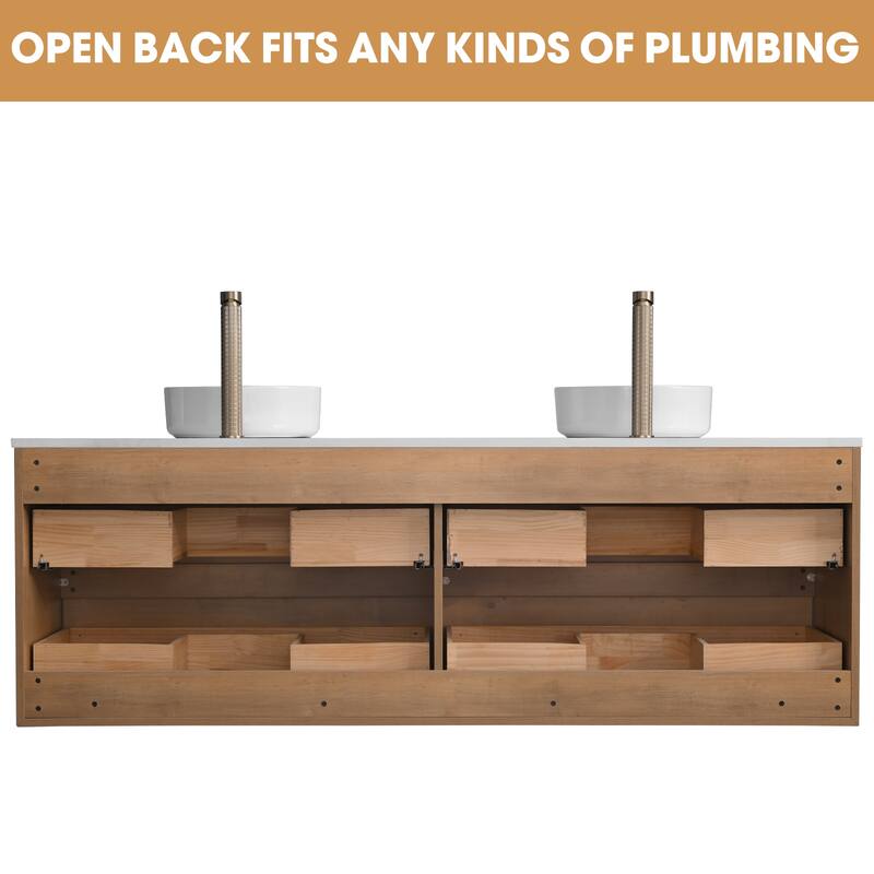 72" Floating Bathroom Vanity Quartz Counter Top with Double Ceramic Vessel Sink - Square Sink