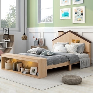 Full Size Kids' Bed, House Platform Bed with LED Lights and Storage