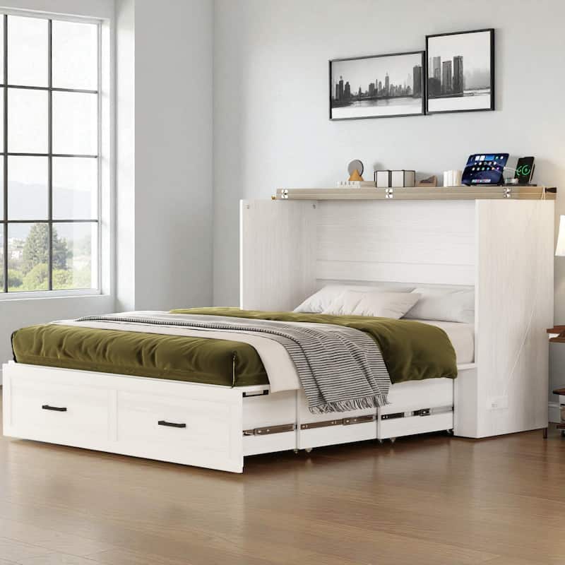 Queen Farmhouse Murphy Cabinet Bed with Charging Station and Large Storage Drawer, Foldable Space-Saving Platform Bed