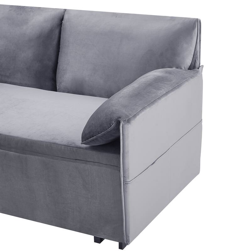 63 inch Grey Velvet Variable Sofa Bed with Double Armrest, Convertible to King Size Bed