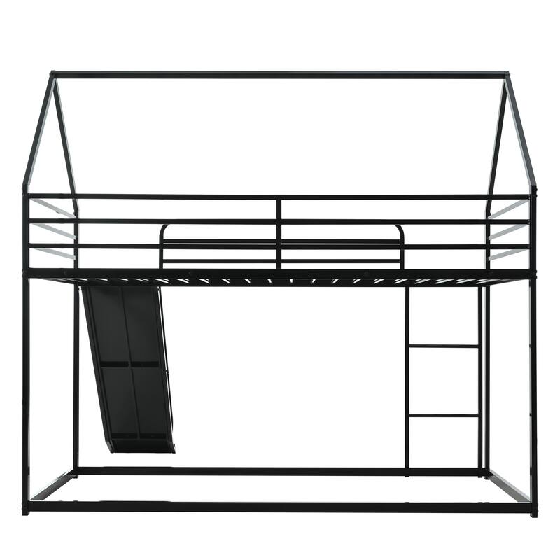 Metal Twin Over Twin House Bunk Bed with Ladder and Slider, Sturdy and Safe Design, Black