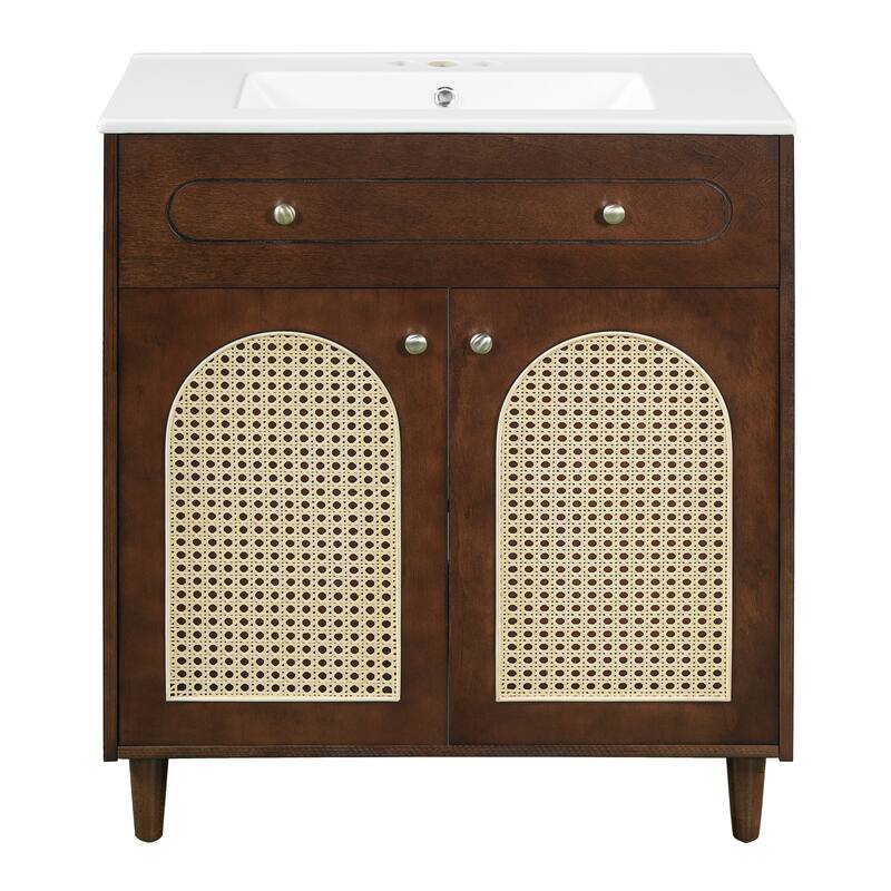 Woven Rattan Bathroom Vanity / Single Ceramic Sink Bathroom Cabinet