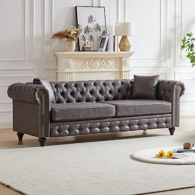 85.5" 3 Seater Grey Fabric Chesterfield Sofa with Button Design and 2 Cushions