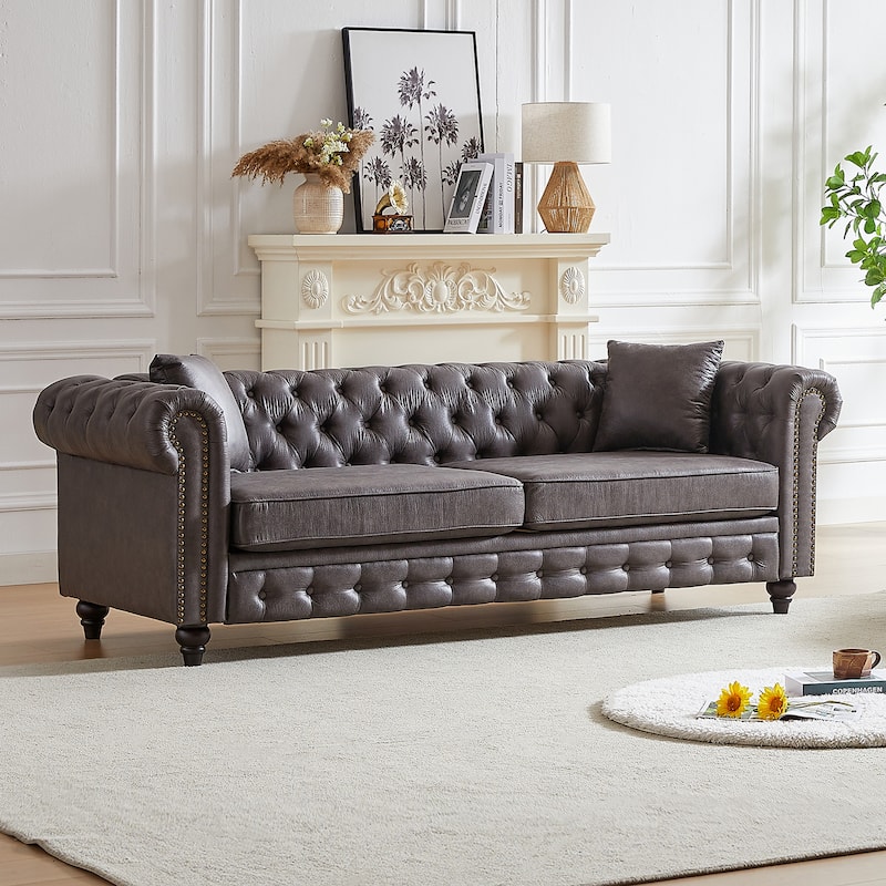 Chesterfield 3-Seater Sofa Couch with Tech Fabric, Rolled Arms, and Button Tufting for Living Room, Apartment - Grey