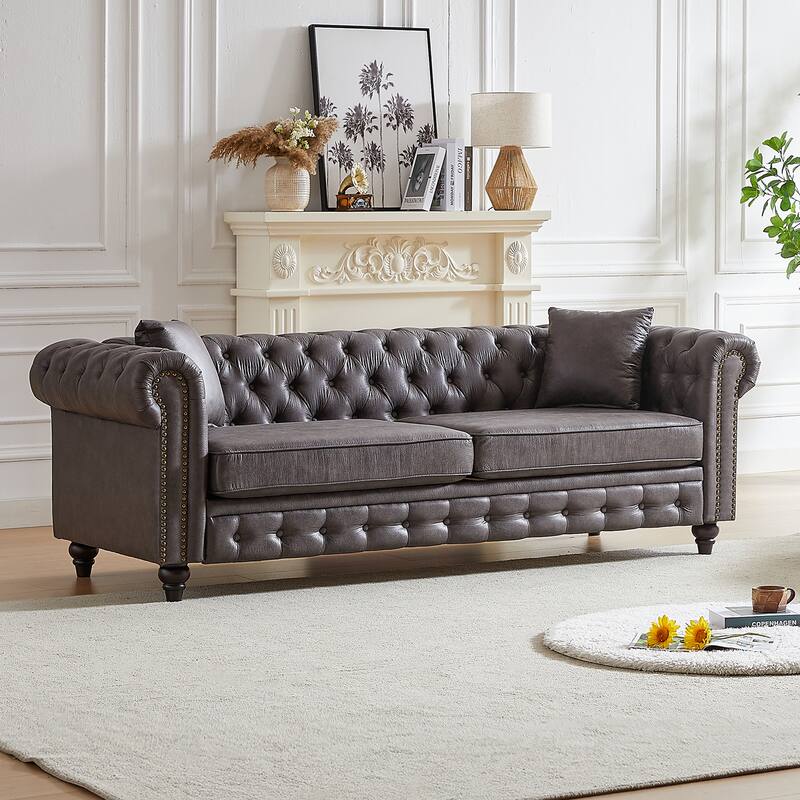 Chesterfield Sofa in Tech Fabric - 85.5" 3-Seater with Rolled Arms - Grey