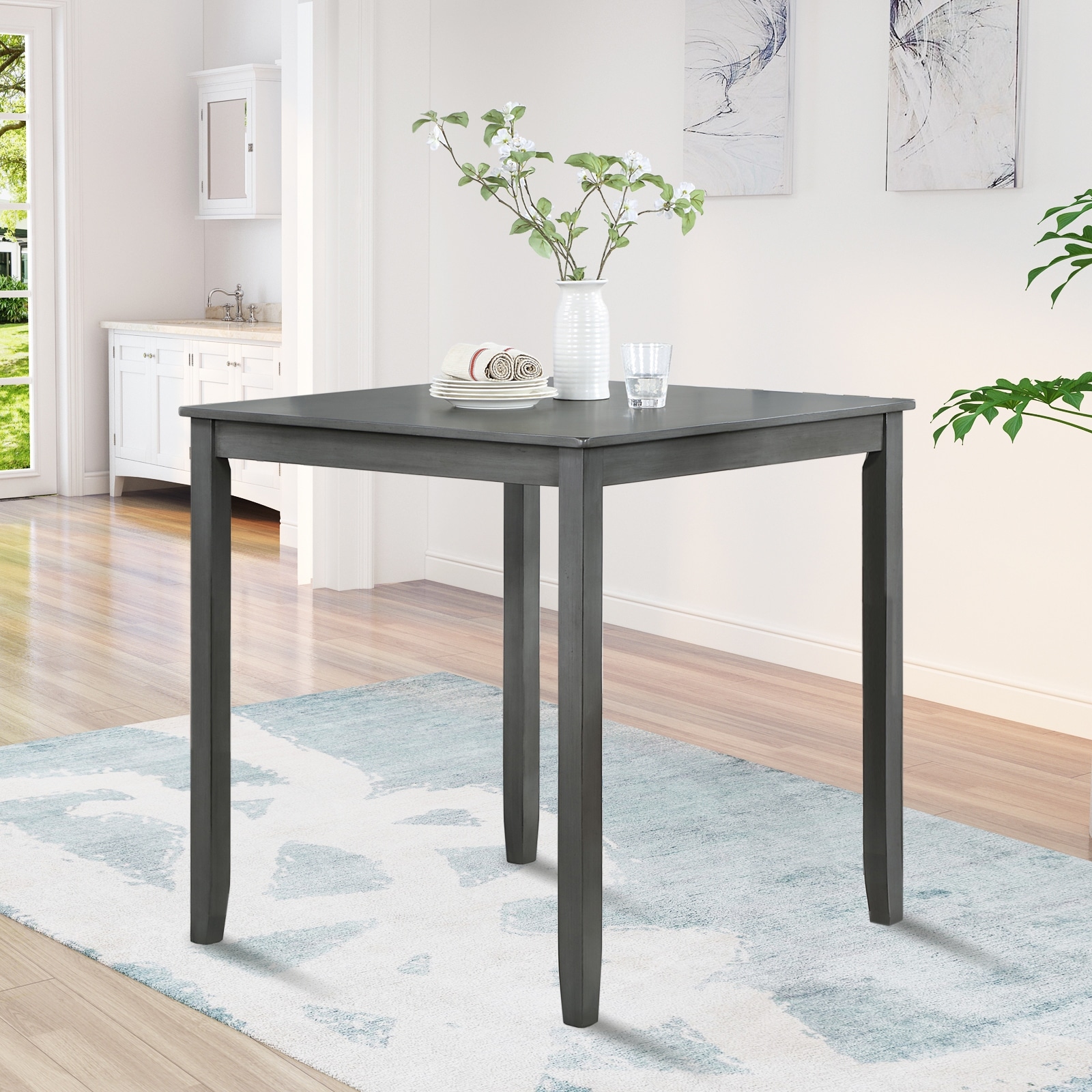 Wooden Dining Square Table, Kitchen Table for Small Space, 4 Person Counter Height Table, Gray, ONLY THE TABLE