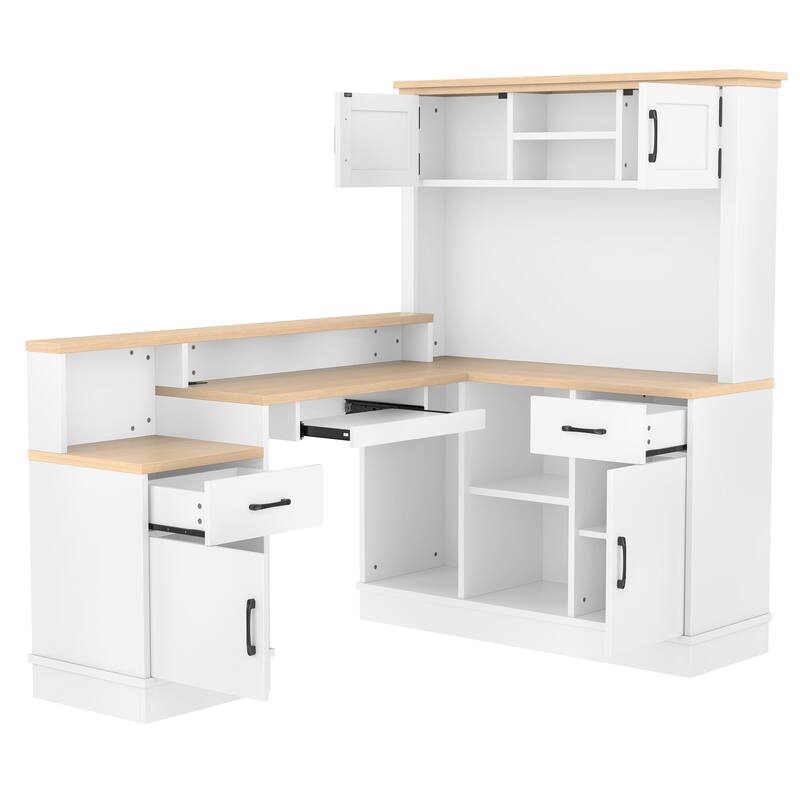 L-Shaped Corner Desk with Outlet, Drawers & Bookshelf, Study Table, Writing Desk Gaming Computer Desk with Storage