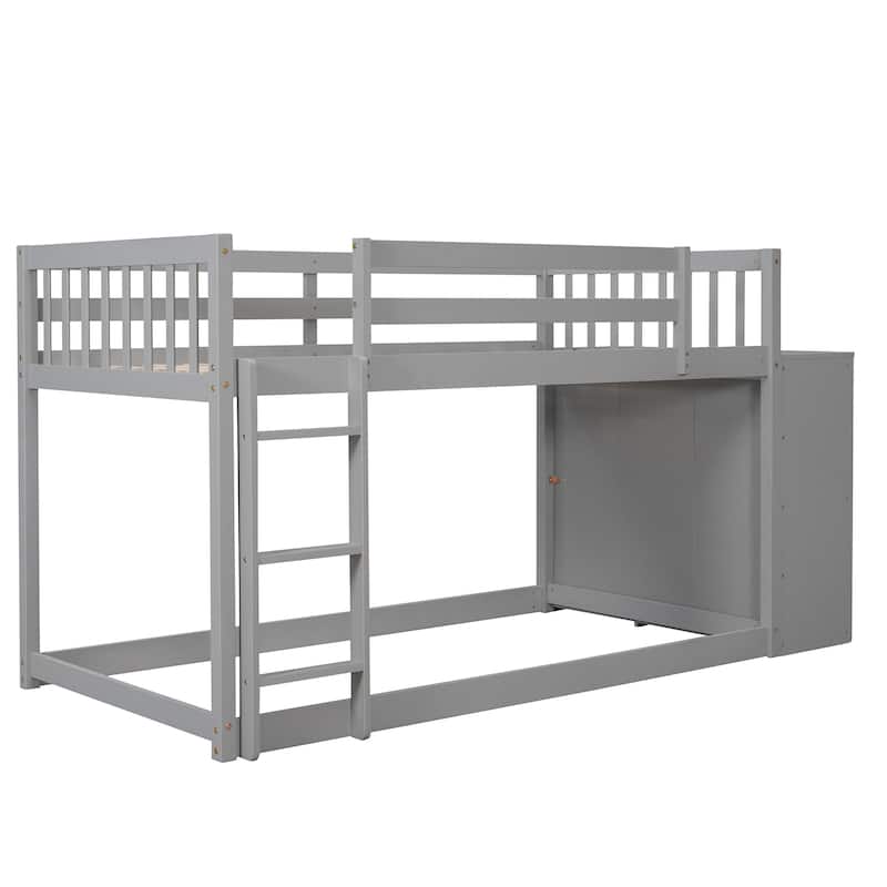 Gray Pine Wood Bunk Bed with 4 Drawers, 3 Shelves, and Built-in Ladder